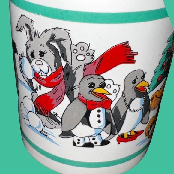 Vintage 80s Christmas Animal Mug Teddy Bear Wolf Penguin Fox Coffee Cup - Picture 4 of 7